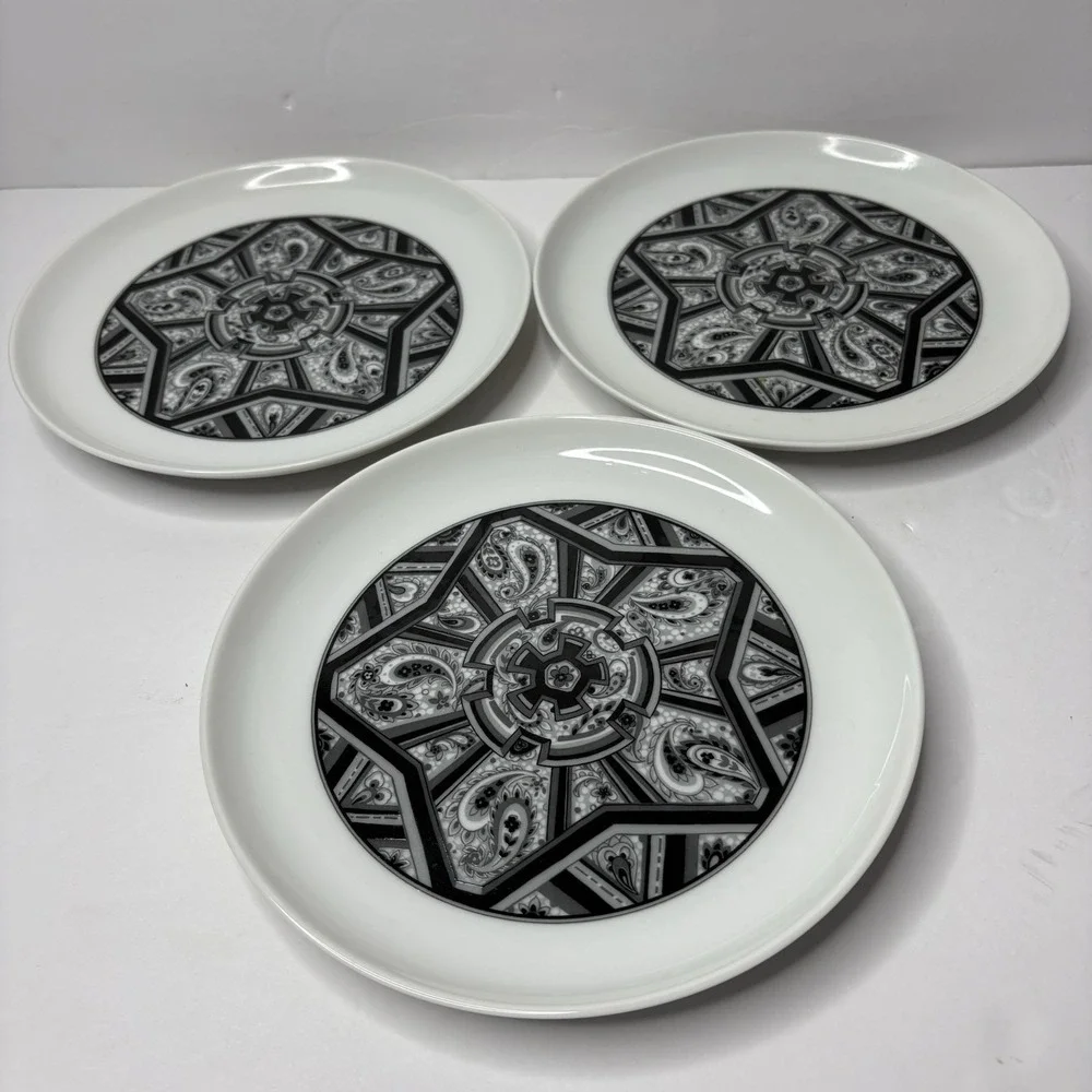 Sango Aquarius Limbo‎ 202 Salad Plates Set of 3 Black White Paisley Japan 7.5